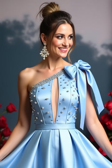 Blue One Shoulder Satin Homecoming Dress with Beading